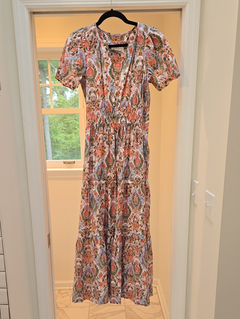 Anthropologie Somerset Printed Paisley Maxi Dress in Peach, Blue & Green